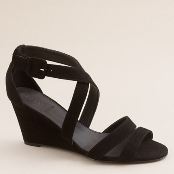 J. Crew Watson Wedge Sandals Black Suede - Picture 1 of 7
